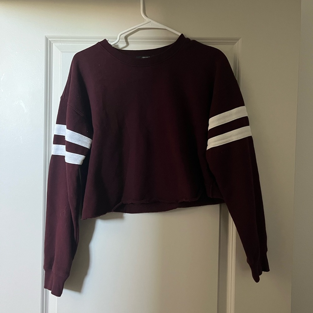 Forever 21 Burgundy Cropped Sweatshirt with White Sleeve Stripes